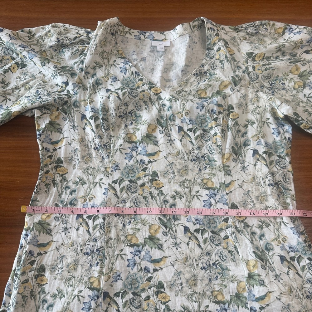 J.Jill Linen Midi Dress Large Lucite Bird Utopia Puff Sleeve Cottage Coastal - Picture 11 of 16